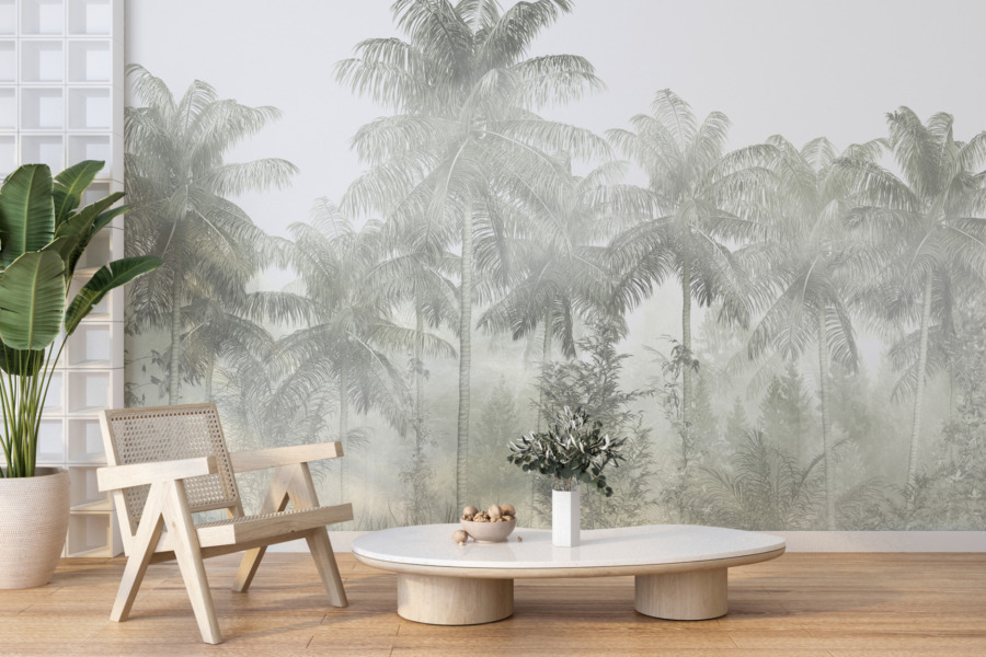 Nástěnná malba v odstínech šedé Palmy a mlha - hlavní obrázek produktu