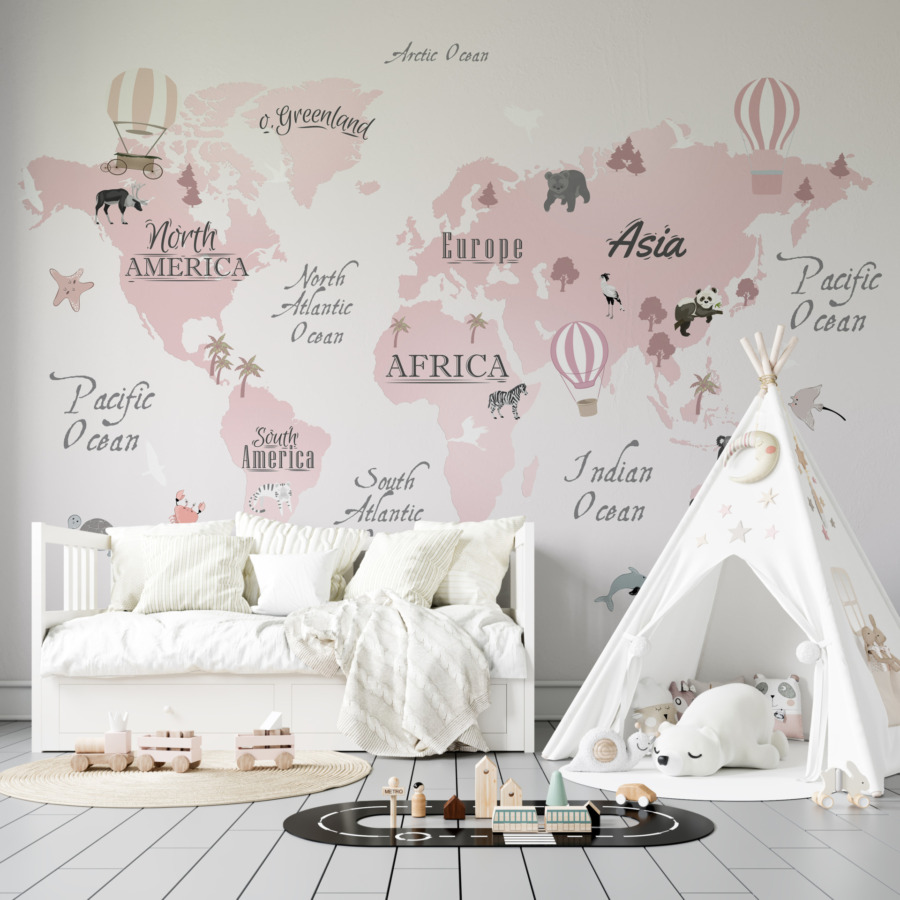 Nástěnná malba v jemných tónech s malými zvířaty a balónky na kontinentech Pink World Map - hlavní obrázek produktu