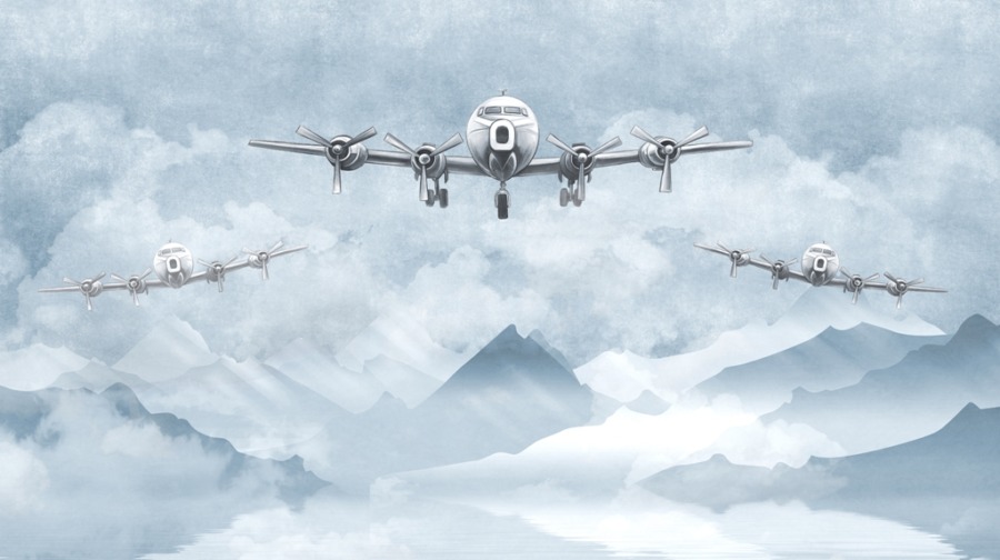 Nástěnná malba s leteckým motivem Tři letadla v modré barvě - obrázek číslo 2