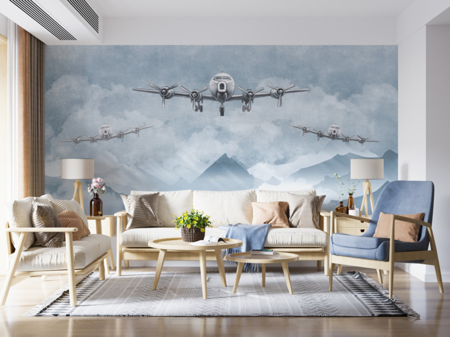 Nástěnná malba s leteckým motivem Tři letadla v modrém - foto