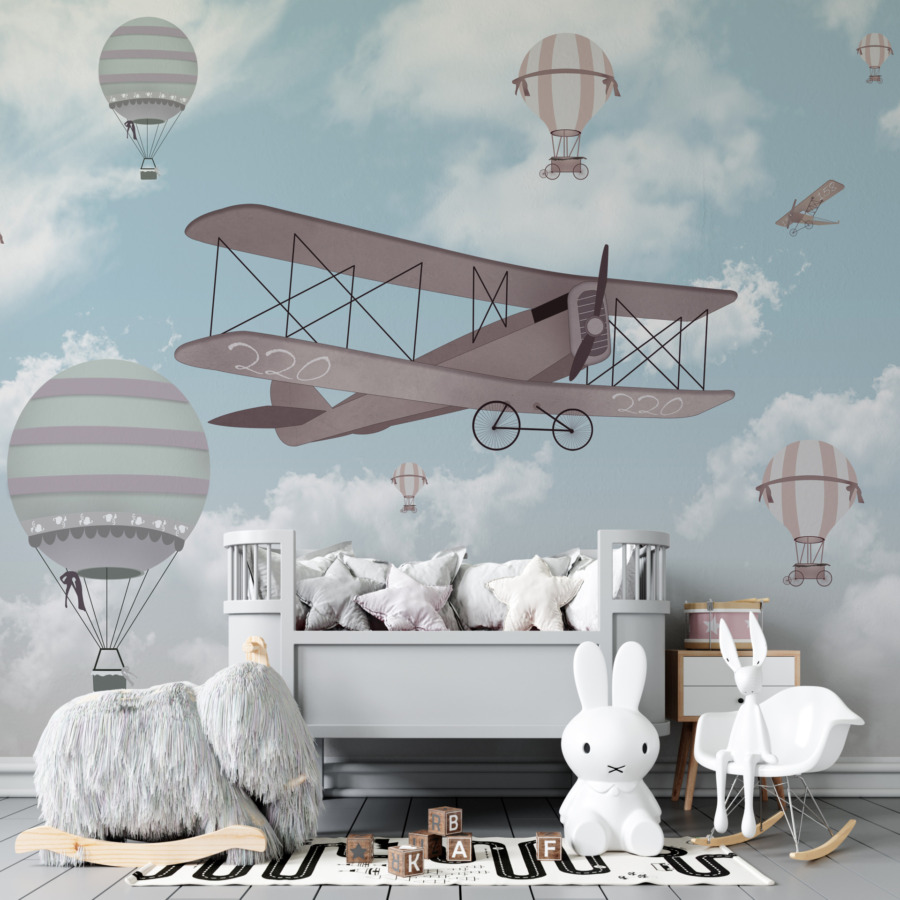 Nástěnná malba s letadlem a balóny na modré obloze In the skies - hlavní obrázek produktu