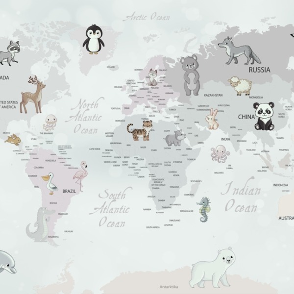 Nástěnná malba Zvířata na mapě světa