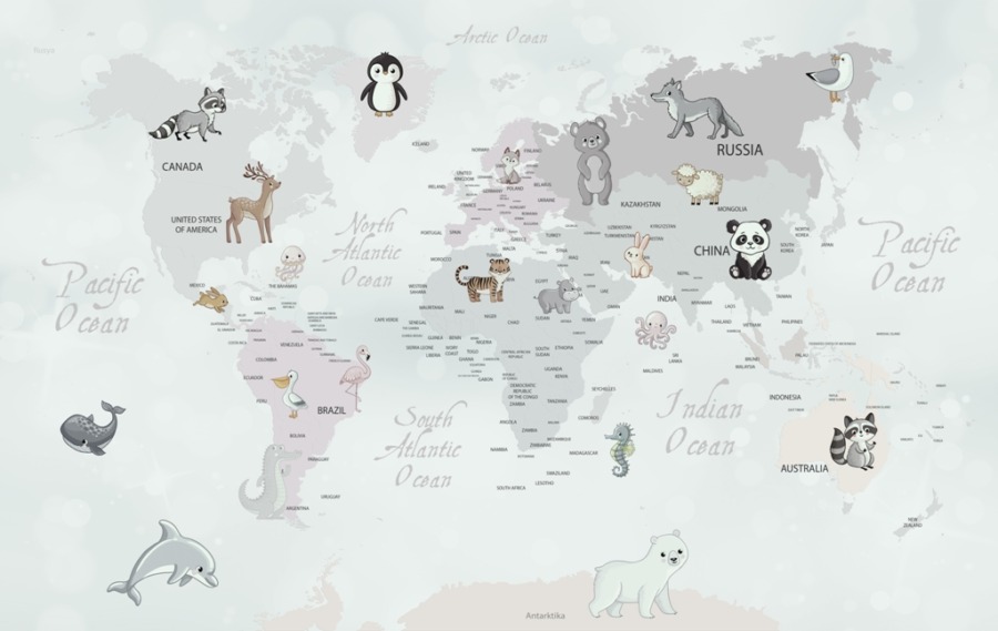 Nástěnná malba s medvědy delfíny a dalšími zvířaty na kontinentech v odstínech šedé Zvířata na mapě světa pro děti - obrázek číslo 2