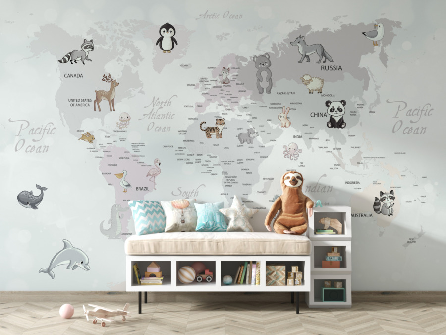 Nástěnná malba s medvědy, delfíny a dalšími zvířaty na kontinentech v odstínech šedé Zvířata na mapě světa pro děti - hlavní obrázek produktu
