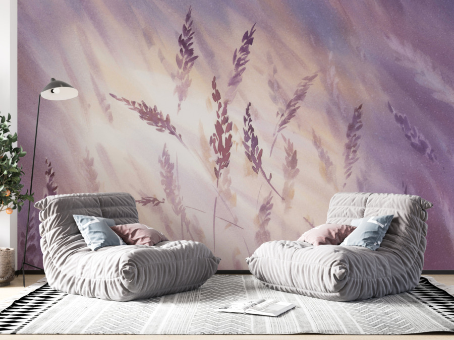 Fototapeta v teplých odstínech fialové s jemným motivem trávy ve větru - Purple Grass Vibrancy pro ložnici - hlavní obrázek produktu