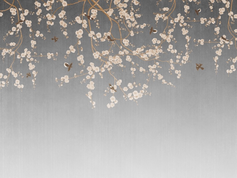 Japonské třešňové květy a jeřáby motiv nástěnné malby Kvetoucí třešňové květy na šedém pozadí - obrázek číslo 2
