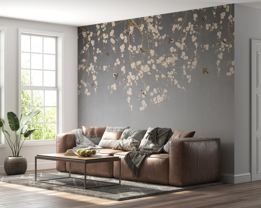 Japonský třešňový květ a motiv jeřábu na stěně Kvetoucí třešeň na šedém pozadí - hlavní obrázek produktu
