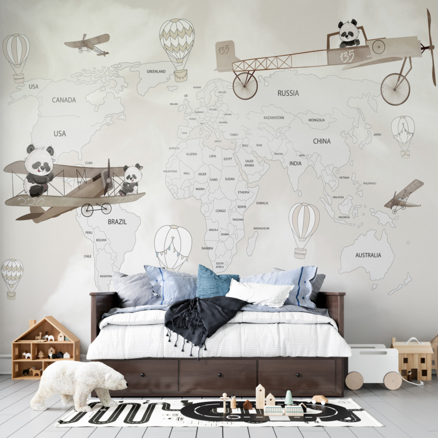 Nástěnná malba medvídků létajících ve starých letadlech nad mapou světa Pandy na mapě světa - hlavní obrázek produktu
