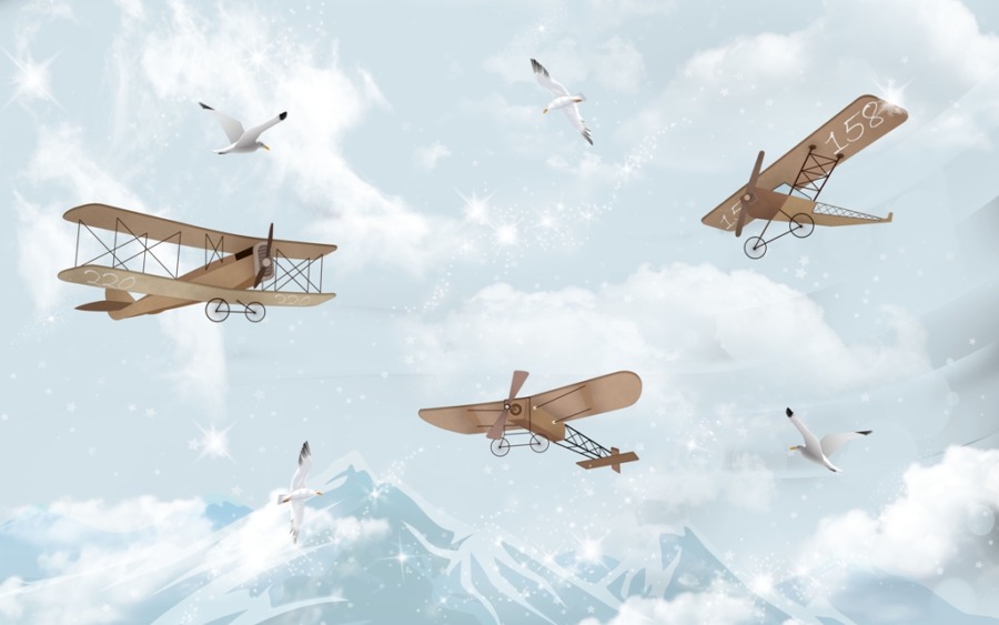 Fototapeta z błękitnym niebem, białymi chmurkami i dawnymi samolotami Aeroplany Wśród Mew - zdjęcie numer 2