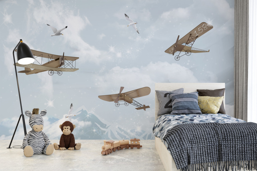 Nástěnná malba modré oblohy, bílých mraků a starých letadel Aeroplanes Among Seagulls - hlavní obrázek produktu