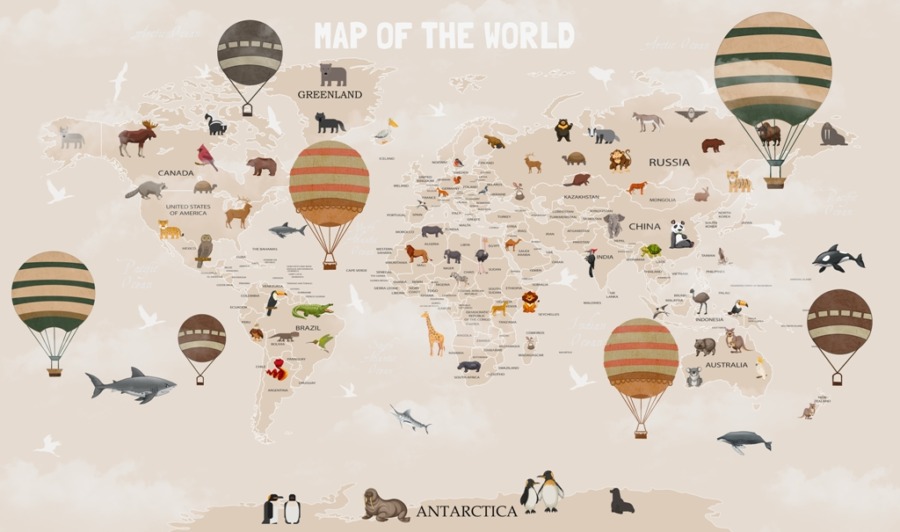 Fototapeta z kontynentalną mapą świata w ciepłych odcieniach ze zwierzętami i kolorowymi balonami powietrznymi Balonowa Mapa Świata - zdjęcie numer 2