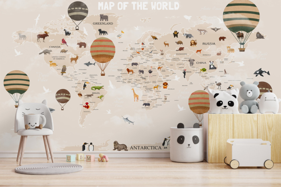 Nástěnná mapa kontinentálního světa v teplých tónech se zvířaty a barevnými balóny Balónová mapa světa - hlavní obrázek produktu
