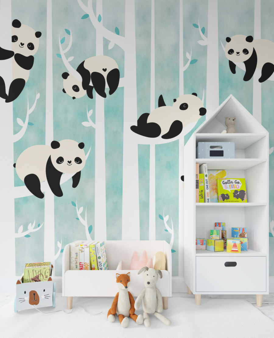Fototapeta v odstínech bílé, černé a modré s veselou postavičkou Bamboo Bears do dětského pokoje - hlavní obrázek produktu