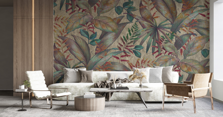 Nástěnná malba v živých barvách s oblíbeným květinovým motivem Barevné tropické listy - hlavní obrázek produktu