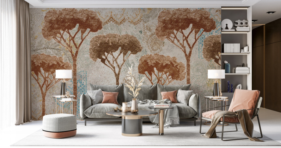Mozaiková nástěnná malba v teplých tónech s převládajícím motivem borovice Brown Pine - hlavní obrázek produktu