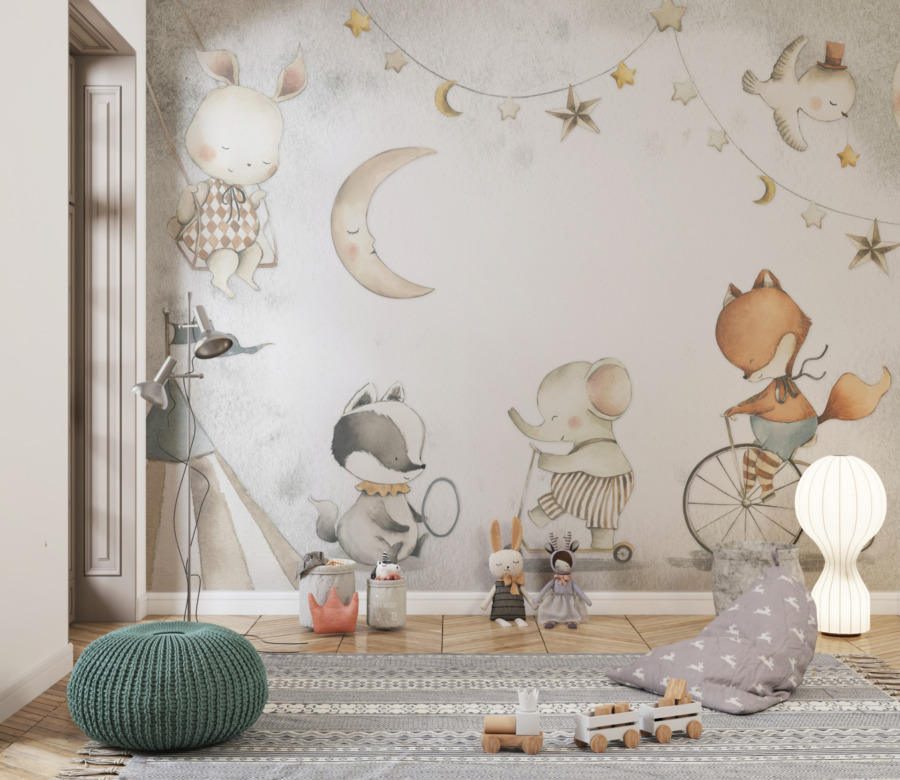 Fototapeta s barevnými zvířaty, měsícem a hvězdami Čas na spánek do dětského pokoje - hlavní obrázek produktu