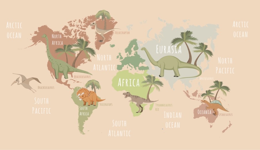Fototapeta w ciepłych barwach z kontynentalną mapą świata Dinozaury Na Mapie Świata do pokoju dziecięcego - zdjęcie produktu numer 2