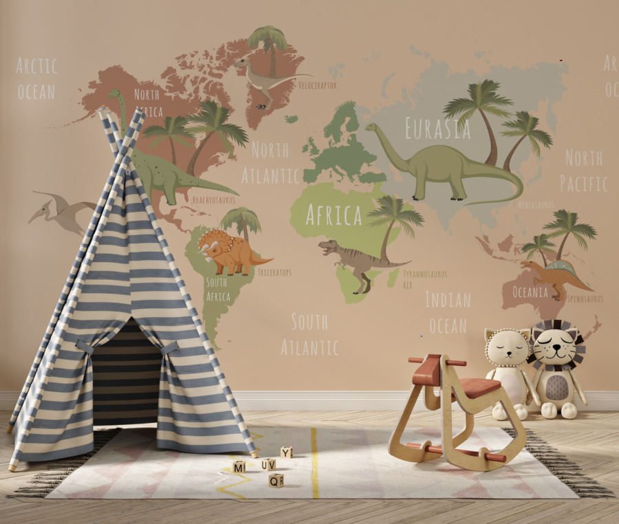Fototapeta v teplých barvách s mapou světa Dinosauři na mapě světa do dětského pokoje - hlavní obrázek produktu