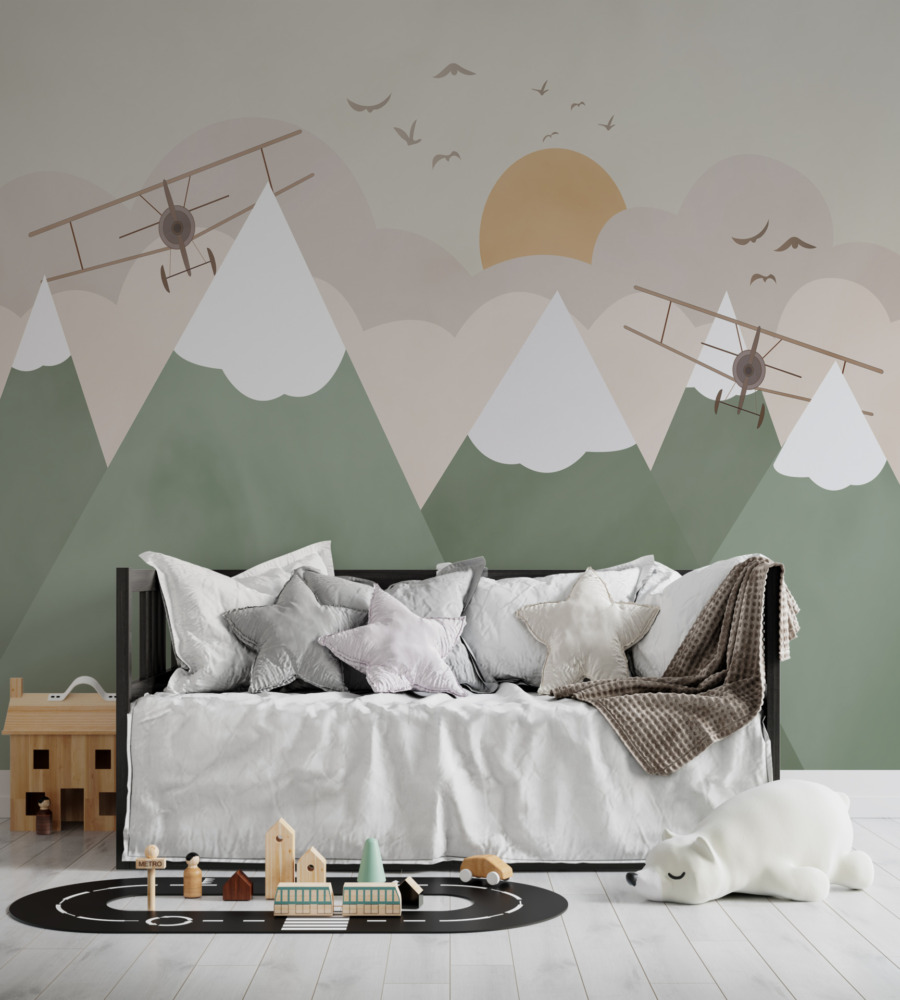 Nástěnná malba s grafikou starých letadel v náklonu Dvě letadla nad horami - hlavní obrázek produktu
