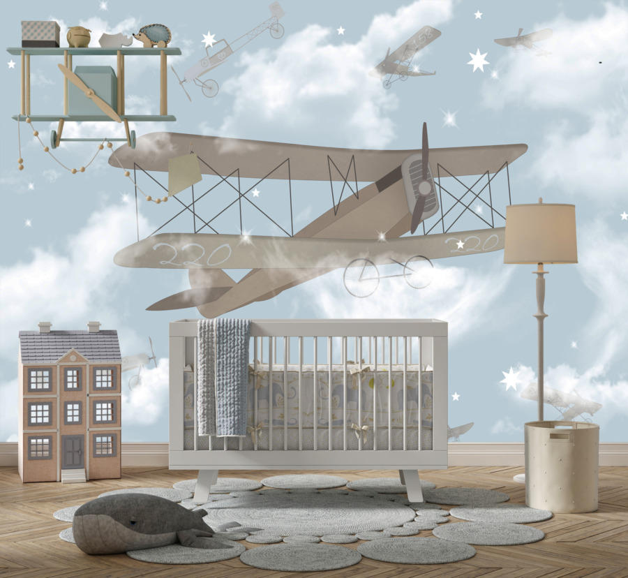 Nástěnná malba starého létajícího stroje mezi jemnými mraky Biplane in Fog - hlavní obrázek produktu