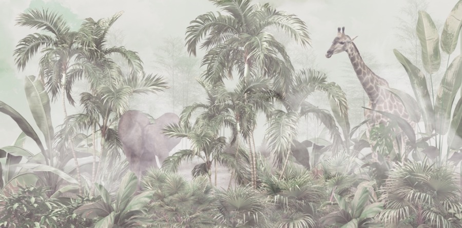 Nástěnná malba se slonem a žirafou ukrytá v tropické džungli Divoká zvířata v mlze - obrázek číslo 2