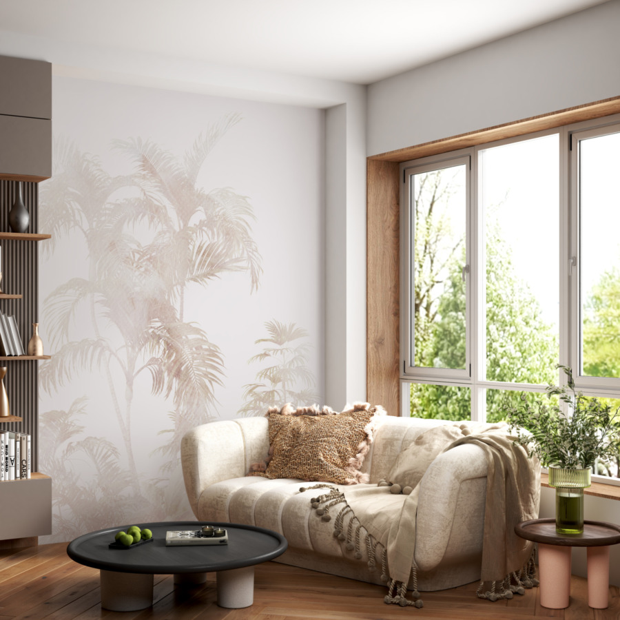 Nástěnná malba v jemných světlých tónech s květinovým motivem Exotic Palm in White - hlavní obrázek produktu