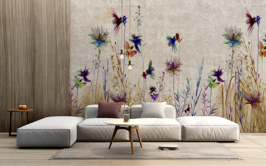 Květinová fototapeta Violet Meadow v béžové barvě s výraznějšími barevnými akcenty - hlavní obrázek produktu