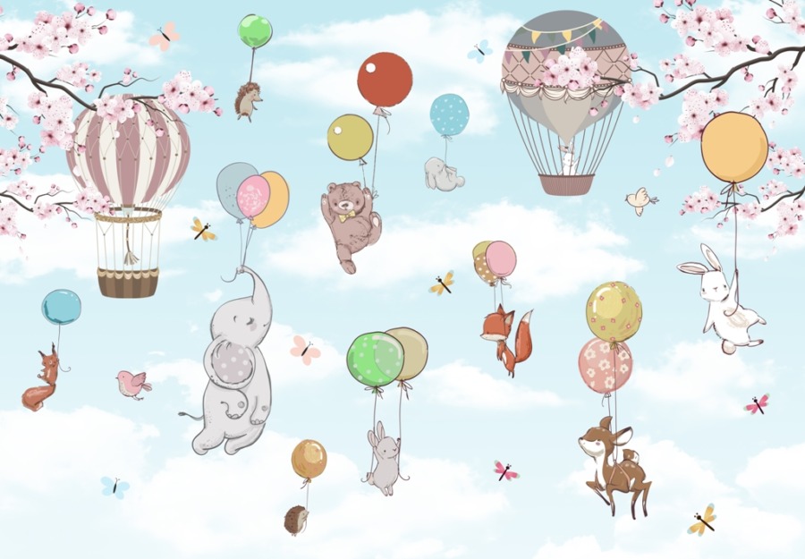 Fototapeta z kolorowym motywem zwierzątek, baloników i kwitnących wiśni Fruwając z Balonikami do pokoju dziecięcego - zdjęcie numer 2