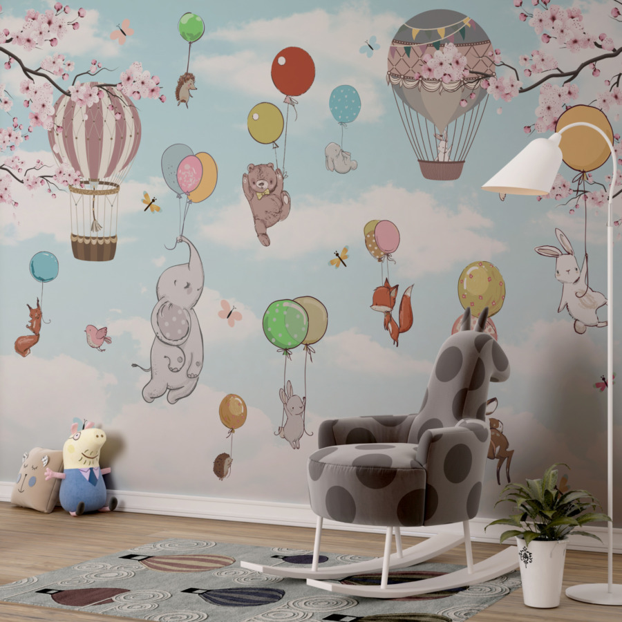 Fototapeta s barevným motivem zvířat, balónků a třešňových květů Ovoce s balónky do dětského pokoje - hlavní obrázek produktu