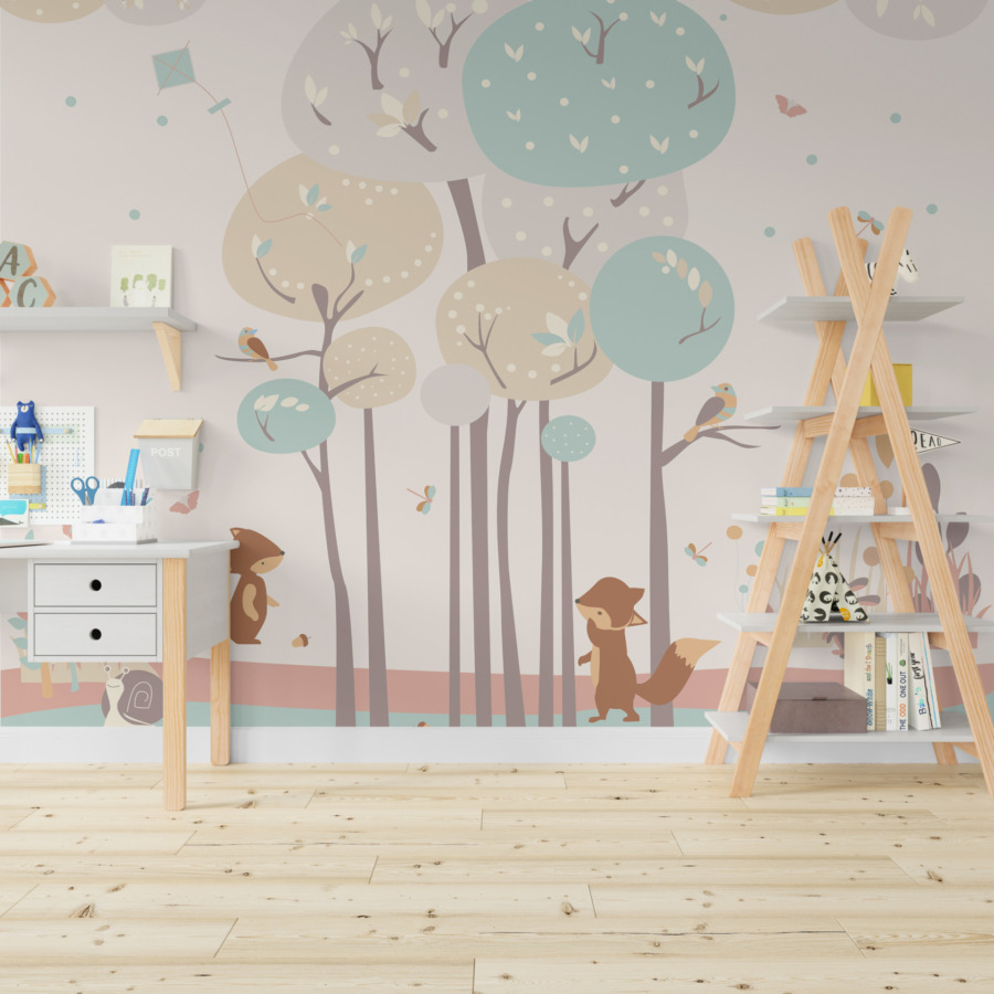 Nástěnná malba v jemných barvách se stromy a zvířaty Barevné stromy do dětského pokoje - hlavní obrázek produktu
