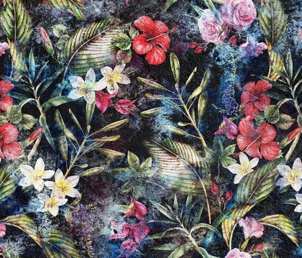 Nástěnná malba barevných květin na tmavém pozadí