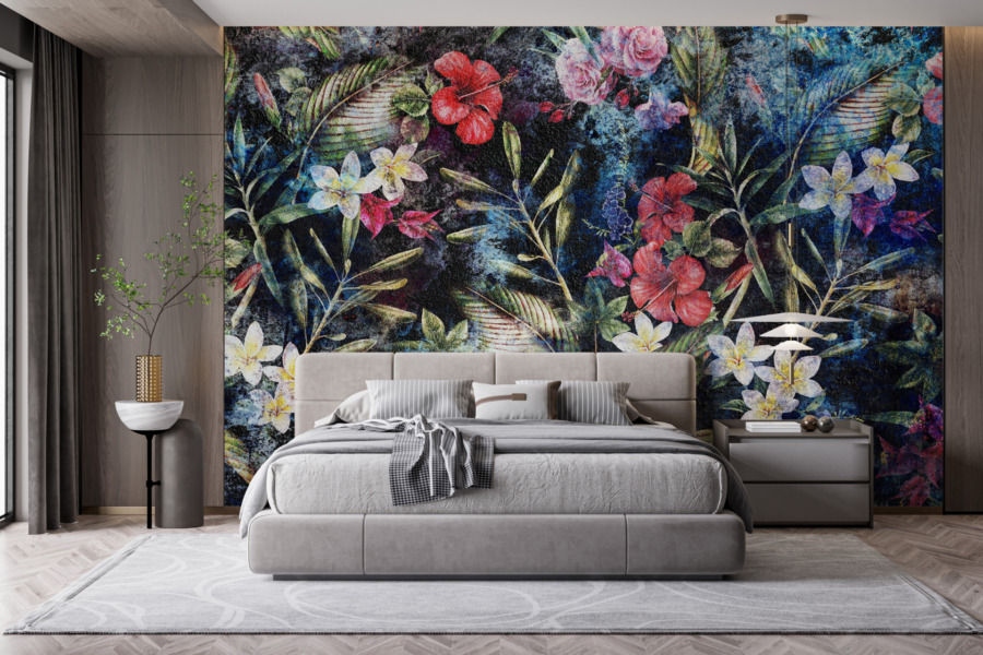 Nástěnná malba v boho stylu s výrazným barevným květinovým akcentem Barevné květiny na tmavém pozadí - hlavní obrázek produktu