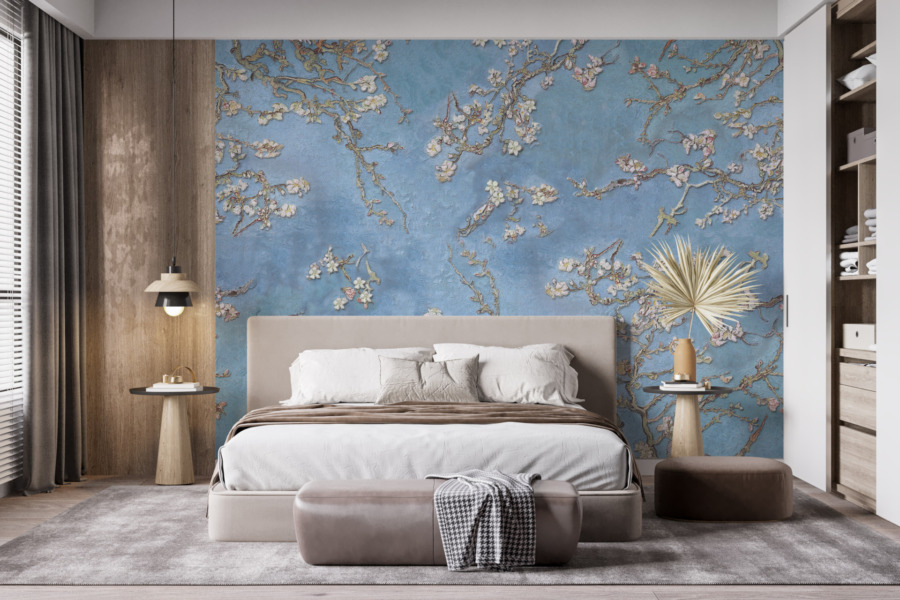 Nástěnná malba s jemným květinovým motivem v nebeské atmosféře Cherry Blossom in Blue - hlavní obrázek produktu