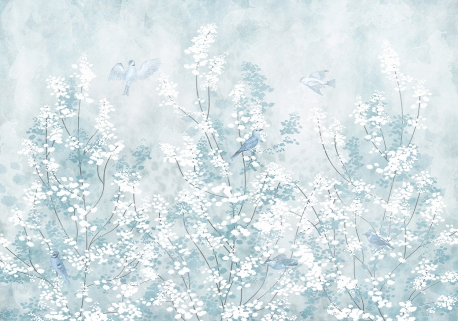 Fototapeta w odcieniach bieli i błękitu z delikatnym motywem kwiatowym Kwitnące Na Biało - zdjęcie numer 2