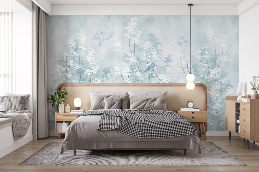 Nástěnná malba v odstínech bílé a modré s jemným květinovým motivem Blossoms On White - hlavní obrázek produktu