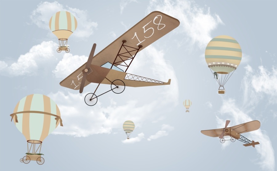 Nástěnná malba starých létajících strojů na modré obloze Letadlo - obrázek číslo 2