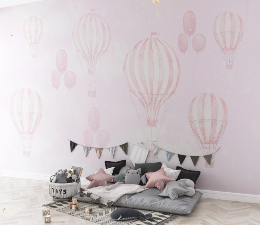 Nástěnná malba v jemných tónech s balónky letícími na růžové obloze Flight of the Pink Balloon - hlavní obrázek produktu