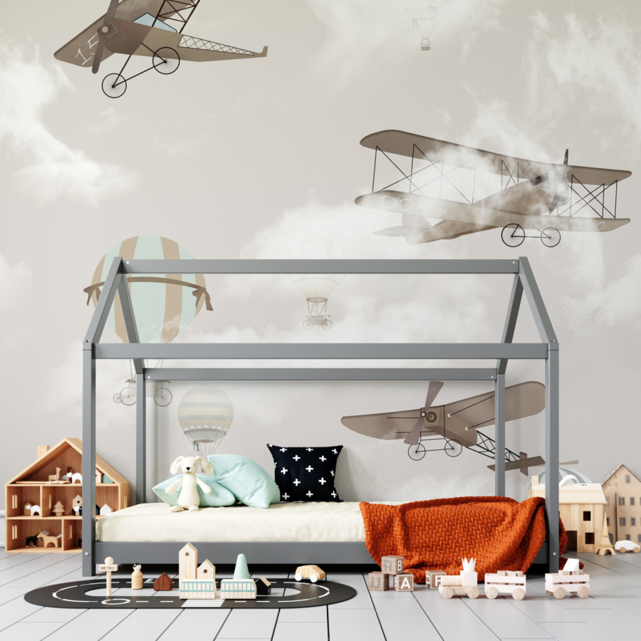 Nástěnná malba starých letadel na pozadí zatažené oblohy Flight Behind the Clouds - hlavní obrázek produktu