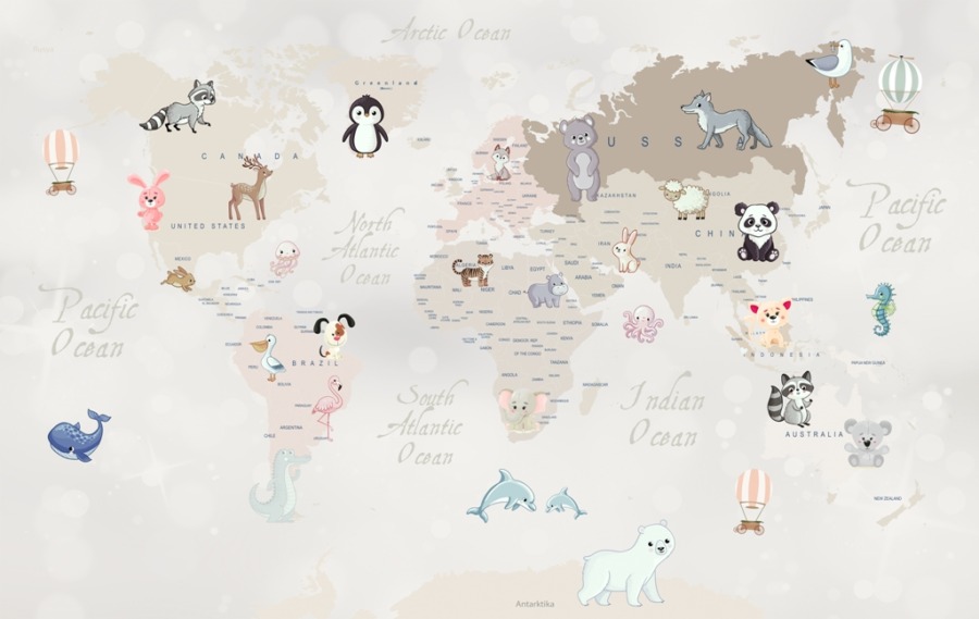 Fototapeta z kontynentalną mapą świata w łagodnej tonacji Mapa Ze Zwierzątkami do pokoju dziecięcego - zdjęcie numer 2