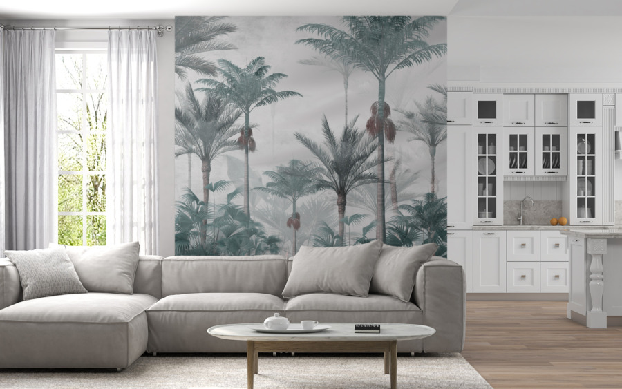 Nástěnná malba kokosových palem v šedé mlze nad palmovým lesem - hlavní obrázek produktu