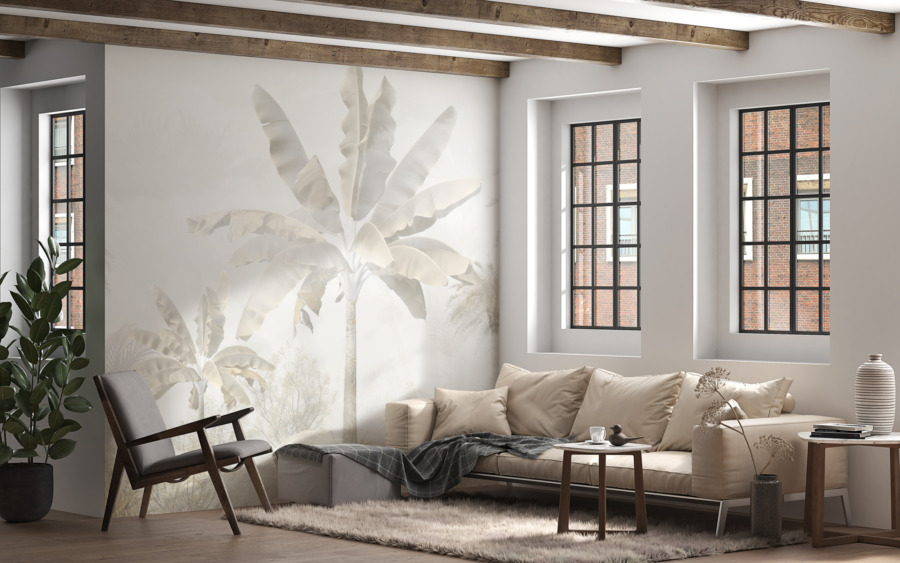 Fototapeta v odstínech bílé a šedé s exotickým motivem Palm in White - hlavní obrázek produktu