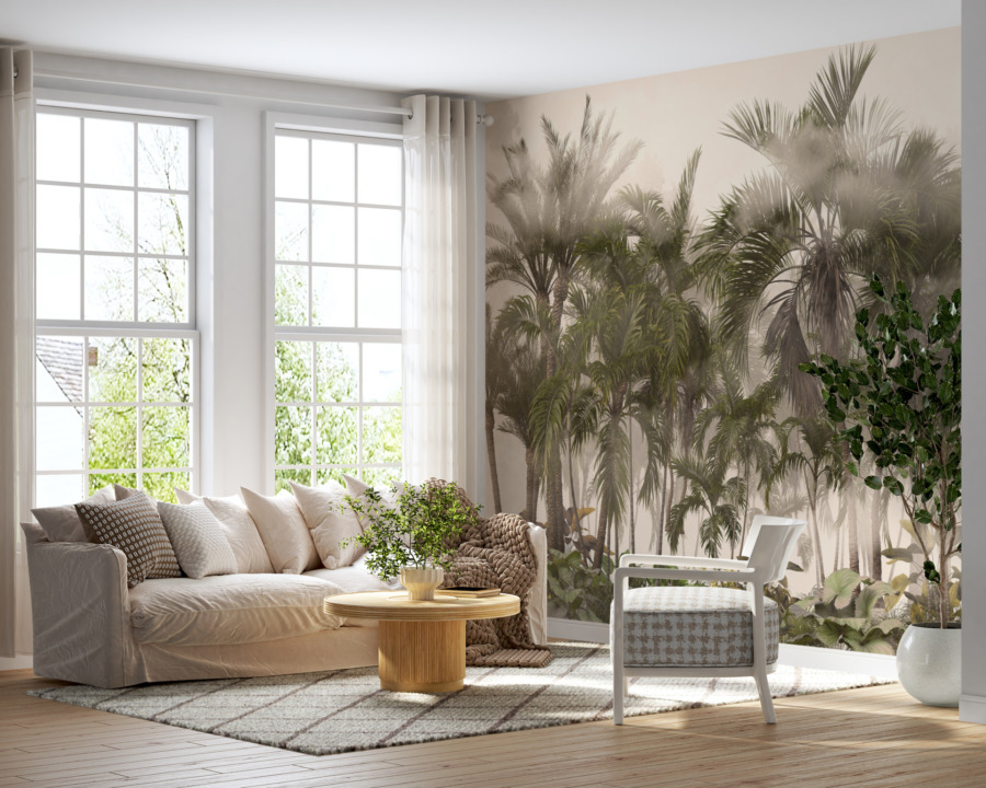 Nástěnná malba houštiny exotických stromů v zelené a šedé barvě Palmy v džungli - hlavní obrázek produktu