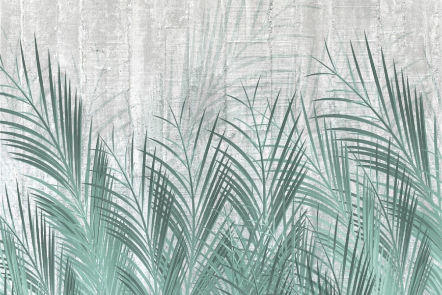 Fototapeta z motywem liści palmowych powyginanych na wietrze, w odcieniach zieleni i szarości Pochylone Łodygi - zdjęcie numer 2