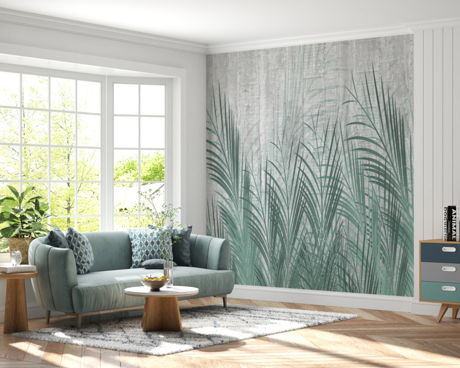 Nástěnná malba palmových listů ohýbaných ve větru v odstínech zelené a šedé Leaning Stalks - hlavní obrázek produktu