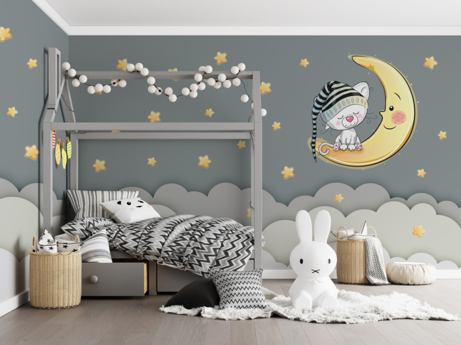 Nástěnná malba noční oblohy v tlumených barvách Spící kočka na měsíci do dětského pokoje - hlavní obrázek produktu