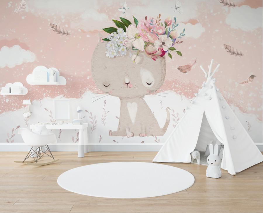 Fototapeta v bílé a růžové barvě Spící kočka do dětského pokoje - hlavní obrázek produktu