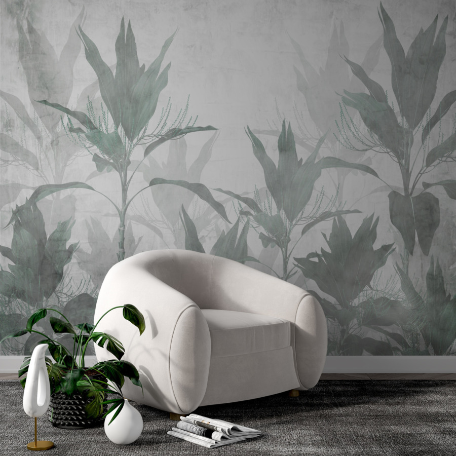 Nástěnná malba s tropickým květinovým motivem v odstínech zelené a šedé V houští divokých trav - hlavní obrázek produktu