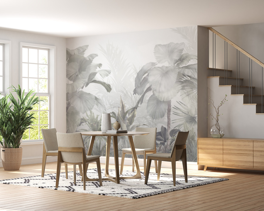 Nástěnná malba exotických palem v šedých odstínech v Mist - hlavní obrázek produktu