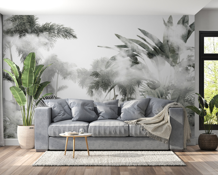 Fototapeta ve skandinávském stylu s tropickou džunglí v šedých tónech Tops of Palms Behind the Mist - hlavní obrázek produktu