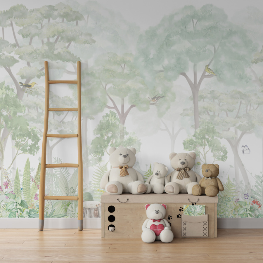 Nástěnná malba v jasných tónech s vysokými stromy, ptáky a kvetoucími květinami Jarní les za mlhou - hlavní obrázek produktu